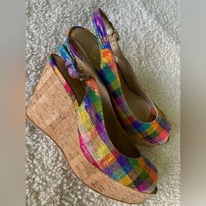 Stuart Weitzman Plaid Metallic Cork Wedge Peeptoe Slingback Sandal